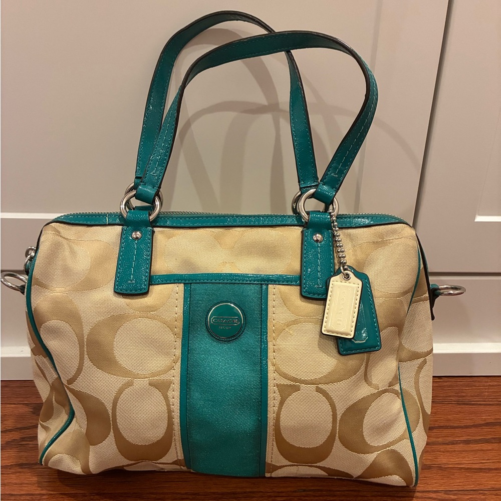 Coach Beige and Teal Signature Tote Bag